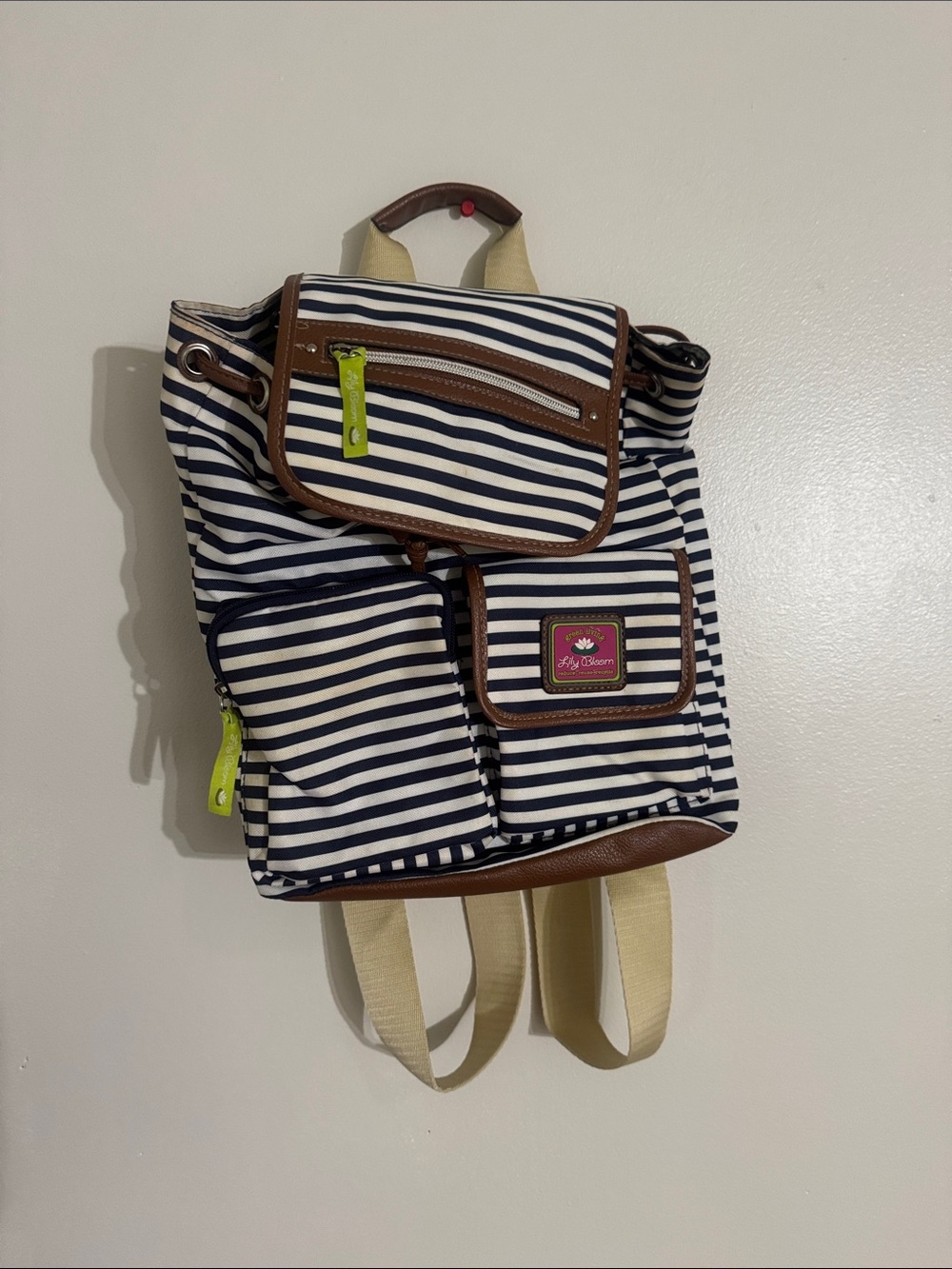 Lily Bloom Navy & White Striped Backpack with Brown Trim